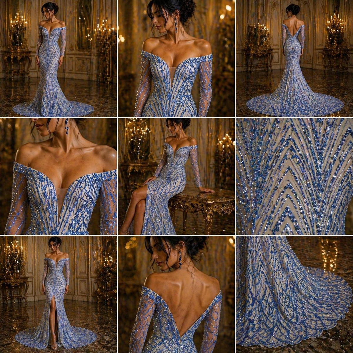 Luxurious Arch Design Lace - Lt Blue - Beaded Design with Embroidered Sequins and Beads On a Mesh Lace Fabric for Prom Dress By The Yard