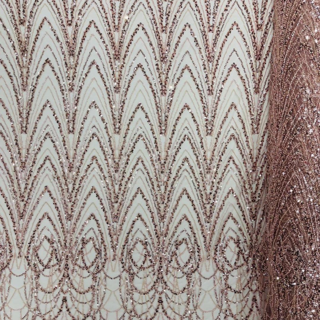 Luxurious Arch Design Lace - Blush - Beaded Design with Embroidered Sequins and Beads On a Mesh Lace Fabric for Prom Dress By The Yard
