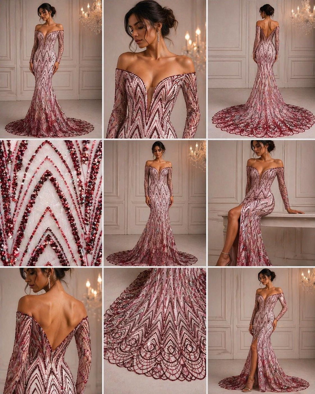 Luxurious Arch Design Lace - Burgundy - Beaded Design with Embroidered Sequins and Beads On a Mesh Lace Fabric for Prom Dress By The Yard