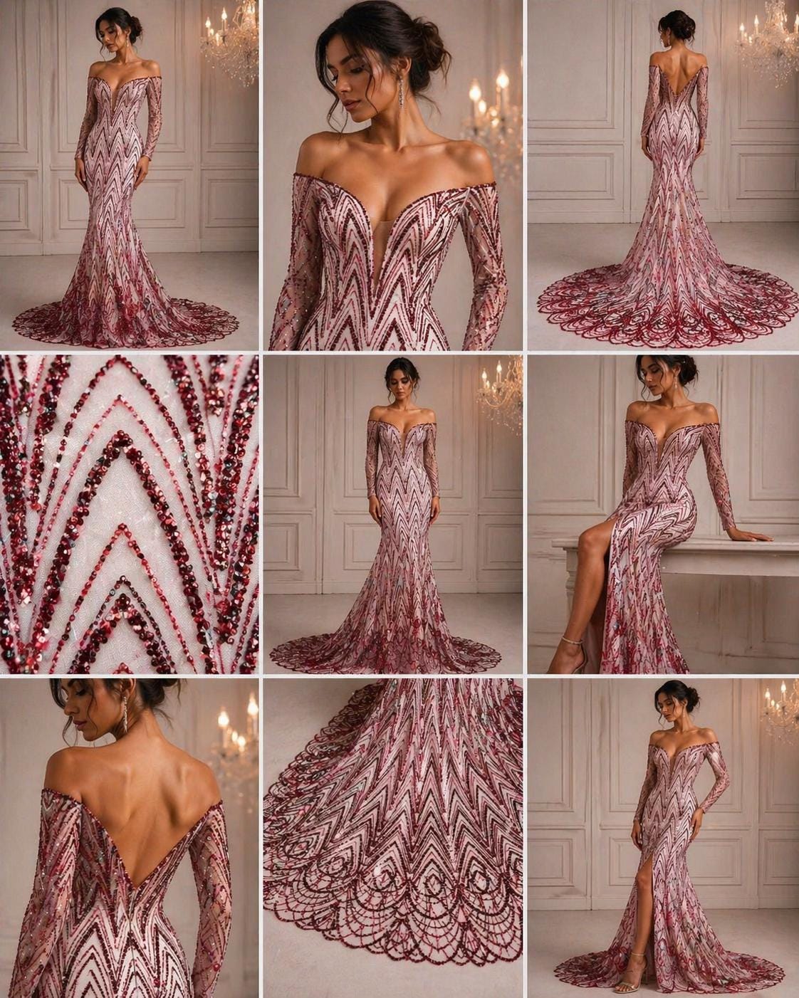 Luxurious Arch Design Lace - Burgundy - Beaded Design with Embroidered Sequins and Beads On a Mesh Lace Fabric for Prom Dress By The Yard