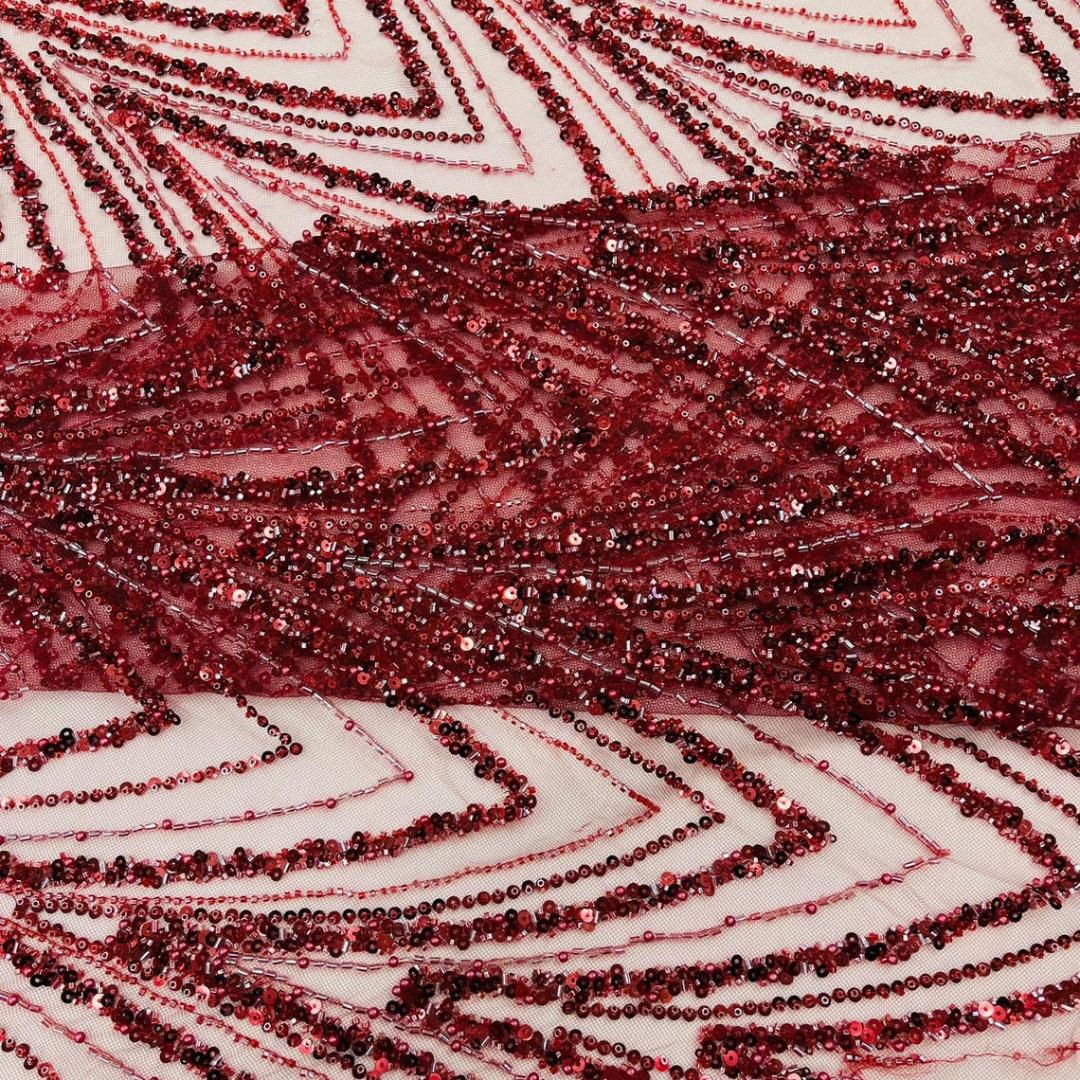 Luxurious Arch Design Lace - Burgundy - Beaded Design with Embroidered Sequins and Beads On a Mesh Lace Fabric for Prom Dress By The Yard