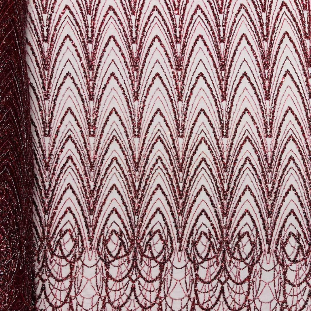 Luxurious Arch Design Lace - Burgundy - Beaded Design with Embroidered Sequins and Beads On a Mesh Lace Fabric for Prom Dress By The Yard