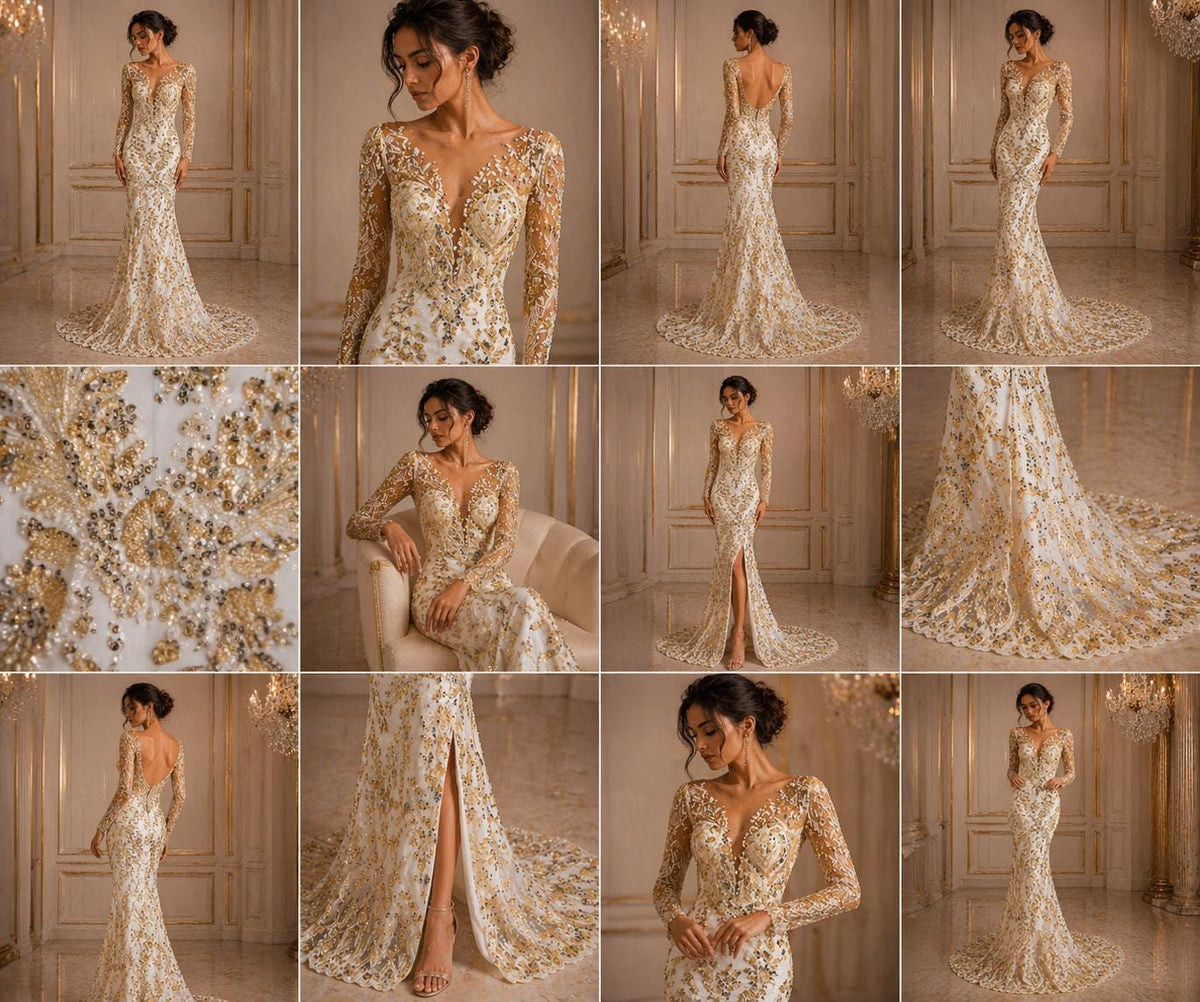 Luxembourg Designs Lace - Lt Gold - Beaded Design with Embroidered Sequins and Beads On a Mesh Lace Fabric for Prom Dress By The Yard