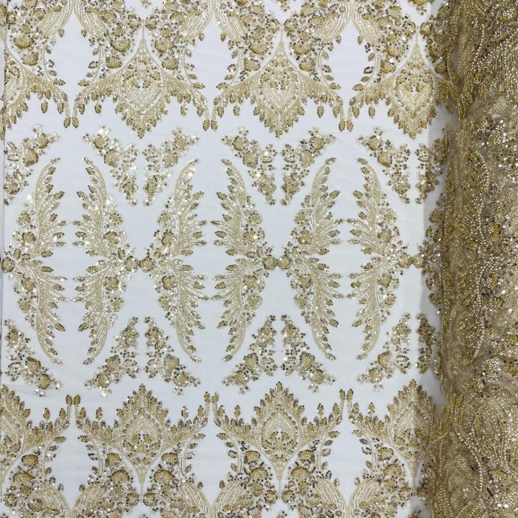 Luxembourg Designs Lace - Lt Gold - Beaded Design with Embroidered Sequins and Beads On a Mesh Lace Fabric for Prom Dress By The Yard