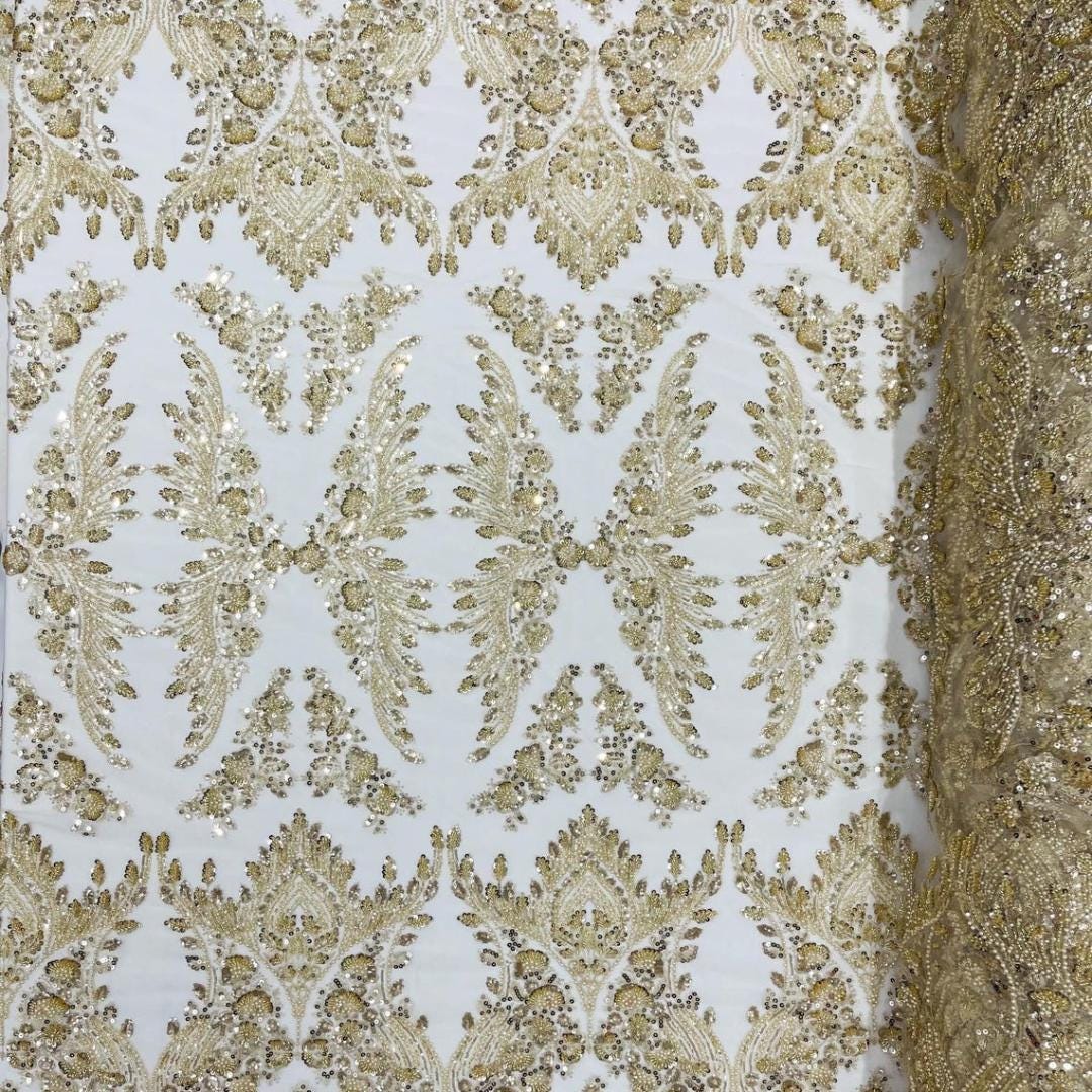 Luxembourg Designs Lace - Lt Gold - Beaded Design with Embroidered Sequins and Beads On a Mesh Lace Fabric for Prom Dress By The Yard