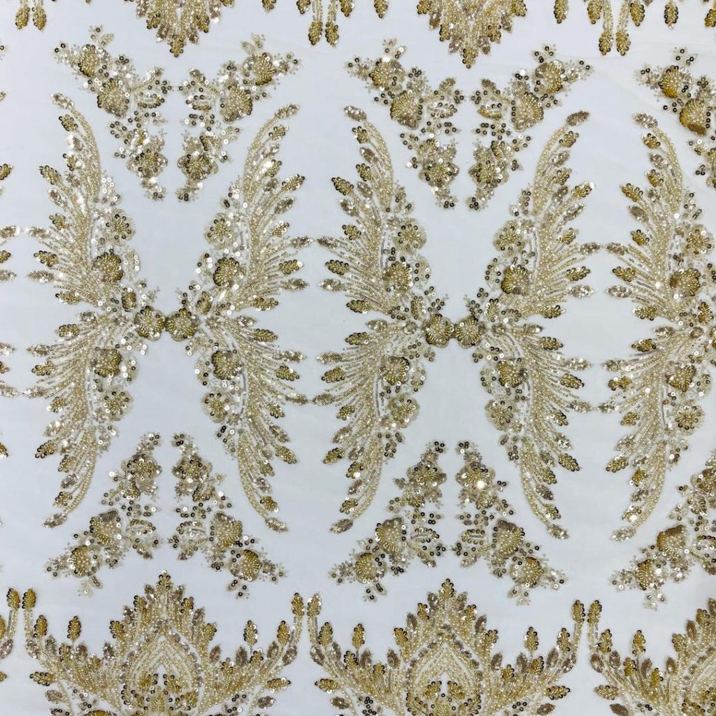 Luxembourg Designs Lace - Lt Gold - Beaded Design with Embroidered Sequins and Beads On a Mesh Lace Fabric for Prom Dress By The Yard