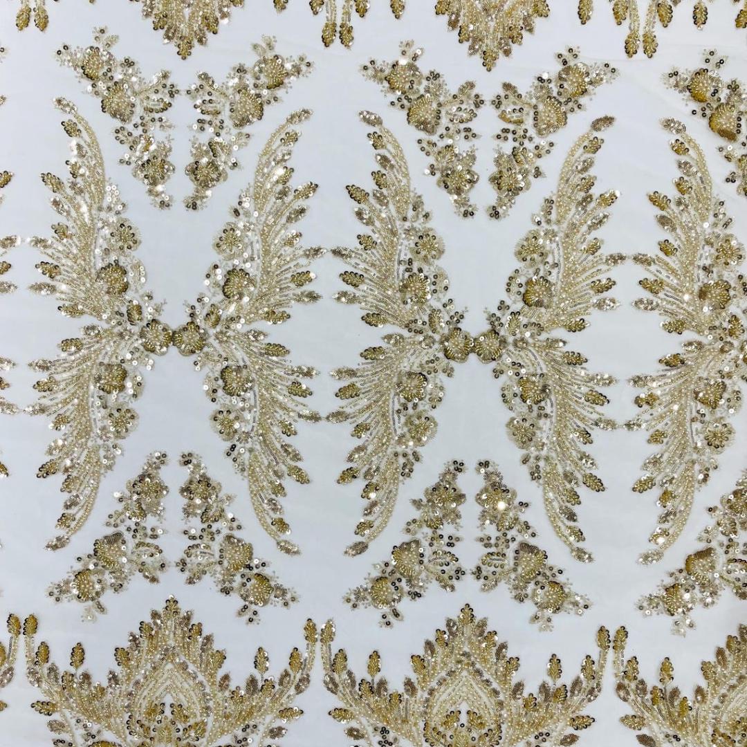 Luxembourg Designs Lace - Lt Gold - Beaded Design with Embroidered Sequins and Beads On a Mesh Lace Fabric for Prom Dress By The Yard