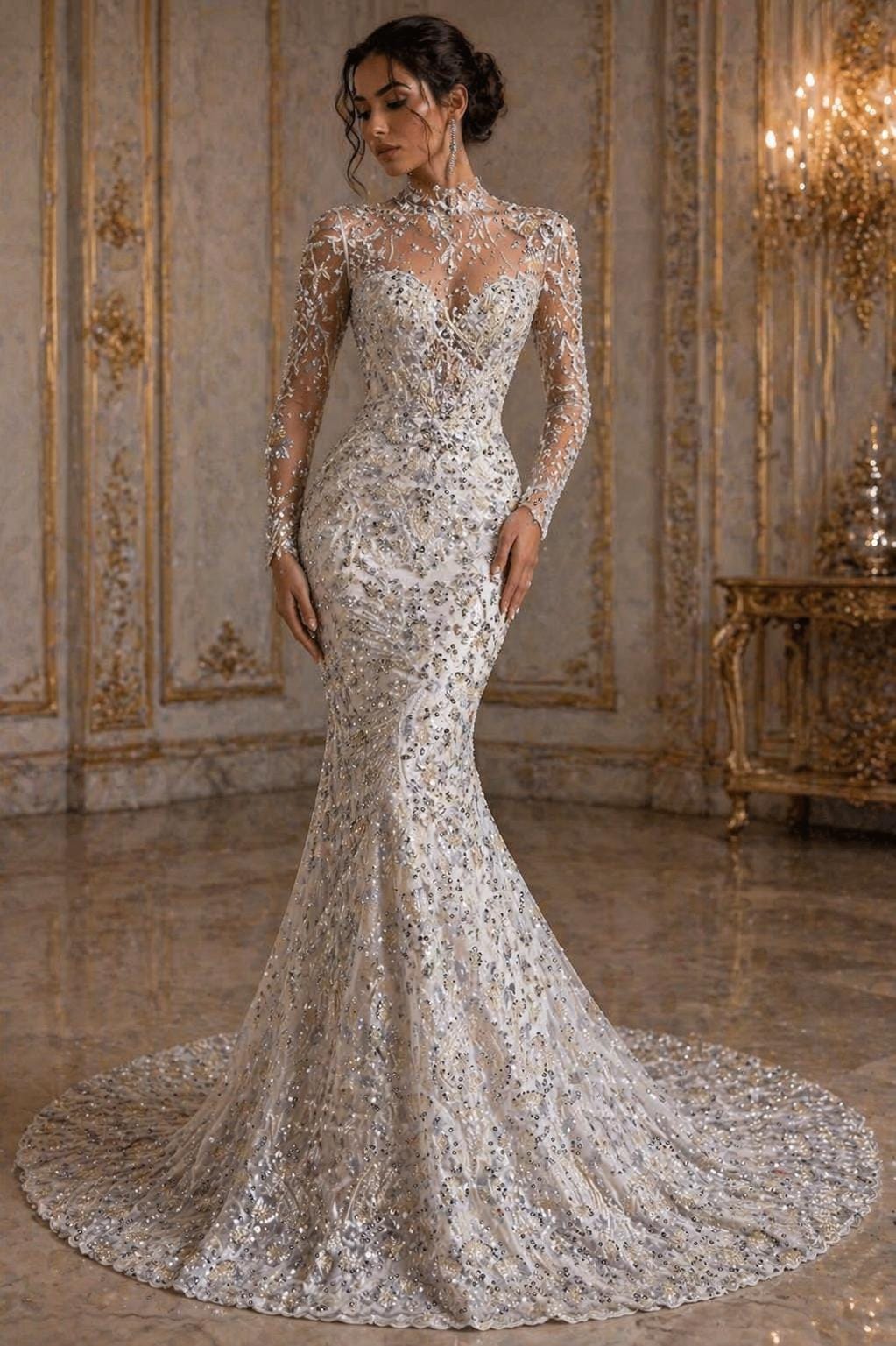 Luxembourg Designs Lace - Silver - Beaded Design with Embroidered Sequins and Beads On a Mesh Lace Fabric for Prom Dress By The Yard