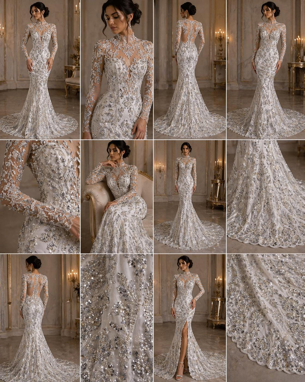 Luxembourg Designs Lace - Silver - Beaded Design with Embroidered Sequins and Beads On a Mesh Lace Fabric for Prom Dress By The Yard