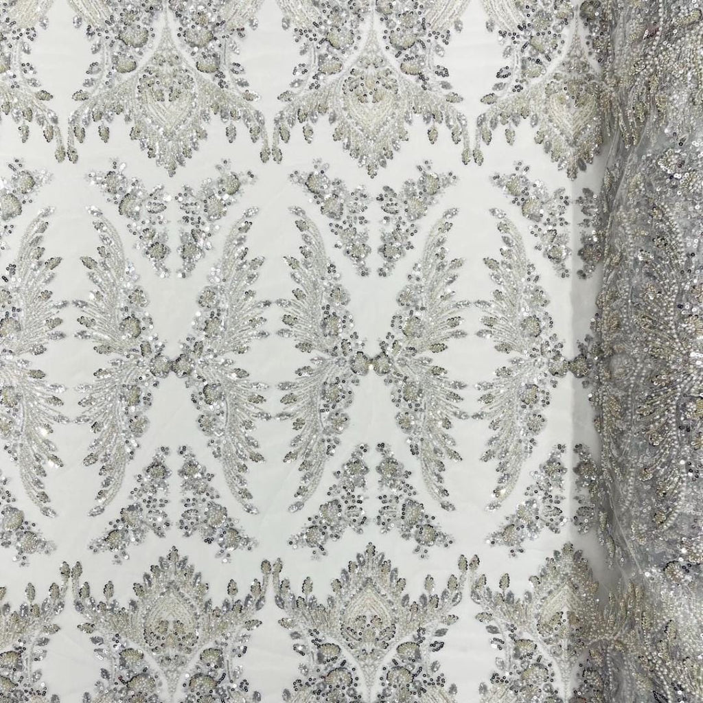 Luxembourg Designs Lace - Silver - Beaded Design with Embroidered Sequins and Beads On a Mesh Lace Fabric for Prom Dress By The Yard