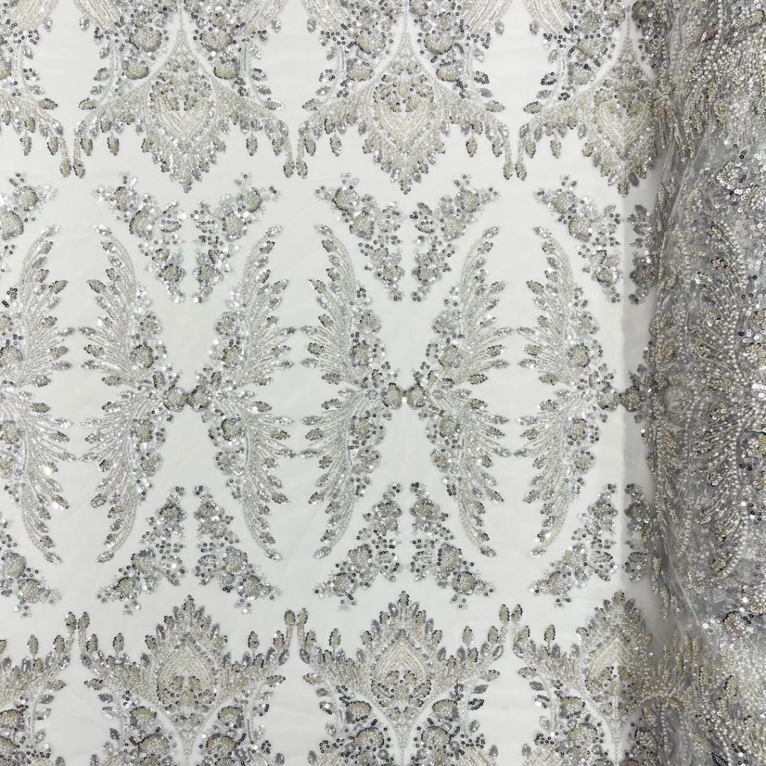 Luxembourg Designs Lace - Silver - Beaded Design with Embroidered Sequins and Beads On a Mesh Lace Fabric for Prom Dress By The Yard
