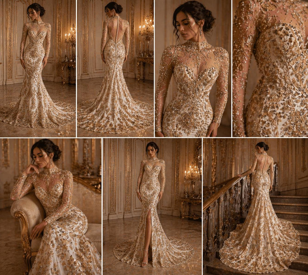 Luxembourg Designs Lace - Champagne - Beaded Design with Embroidered Sequins and Beads On a Mesh Lace Fabric for Prom Dress By The Yard