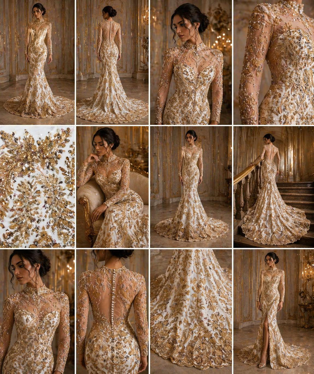 Luxembourg Designs Lace - Champagne - Beaded Design with Embroidered Sequins and Beads On a Mesh Lace Fabric for Prom Dress By The Yard