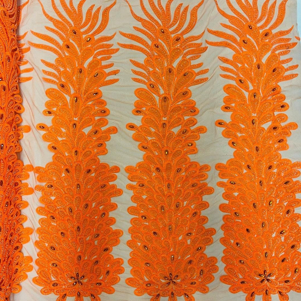 Luxurious Feather Designs Lace - Neon Orange - Beaded & Embroidered Sequins and Beads On Mesh Lace Fabric for Prom Dress. Sold By 3 Feathers