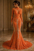 Luxurious Feather Designs Lace - Neon Orange - Beaded & Embroidered Sequins and Beads On Mesh Lace Fabric for Prom Dress. Sold By 3 Feathers