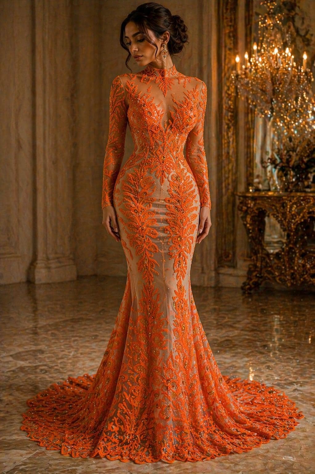 Luxurious Feather Designs Lace - Neon Orange - Beaded & Embroidered Sequins and Beads On Mesh Lace Fabric for Prom Dress. Sold By 3 Feathers