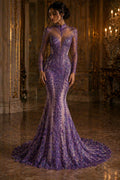 Luxurious Feather Designs Lace - Lavender - Beaded & Embroidered Sequins and Beads On Mesh Lace Fabric for Prom Dress. Sold By 3 Feathers