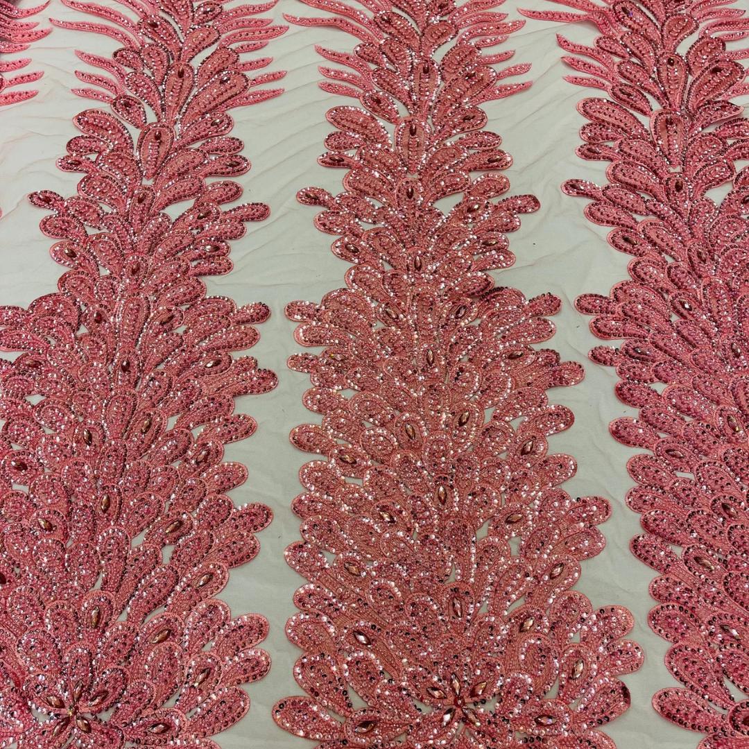 Luxurious Feather Designs Lace - DustyRose - Beaded & Embroidered Sequins and Beads On Mesh Lace Fabric for Prom Dress. Sold By 3 Feathers