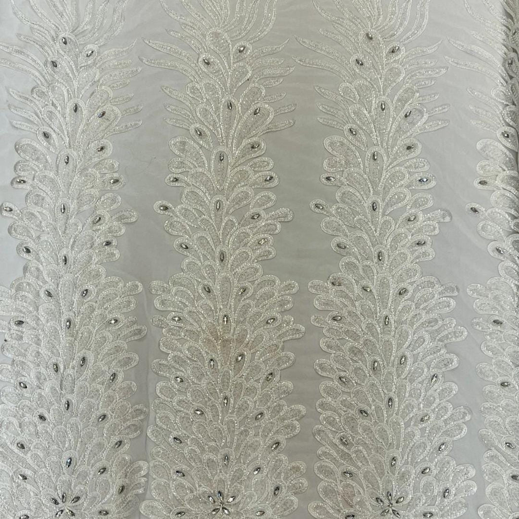 Luxurious Feather Designs Lace - White - Beaded & Embroidered Sequins and Beads On Mesh Lace Fabric for Prom Dress. Sold By 3 Feathers