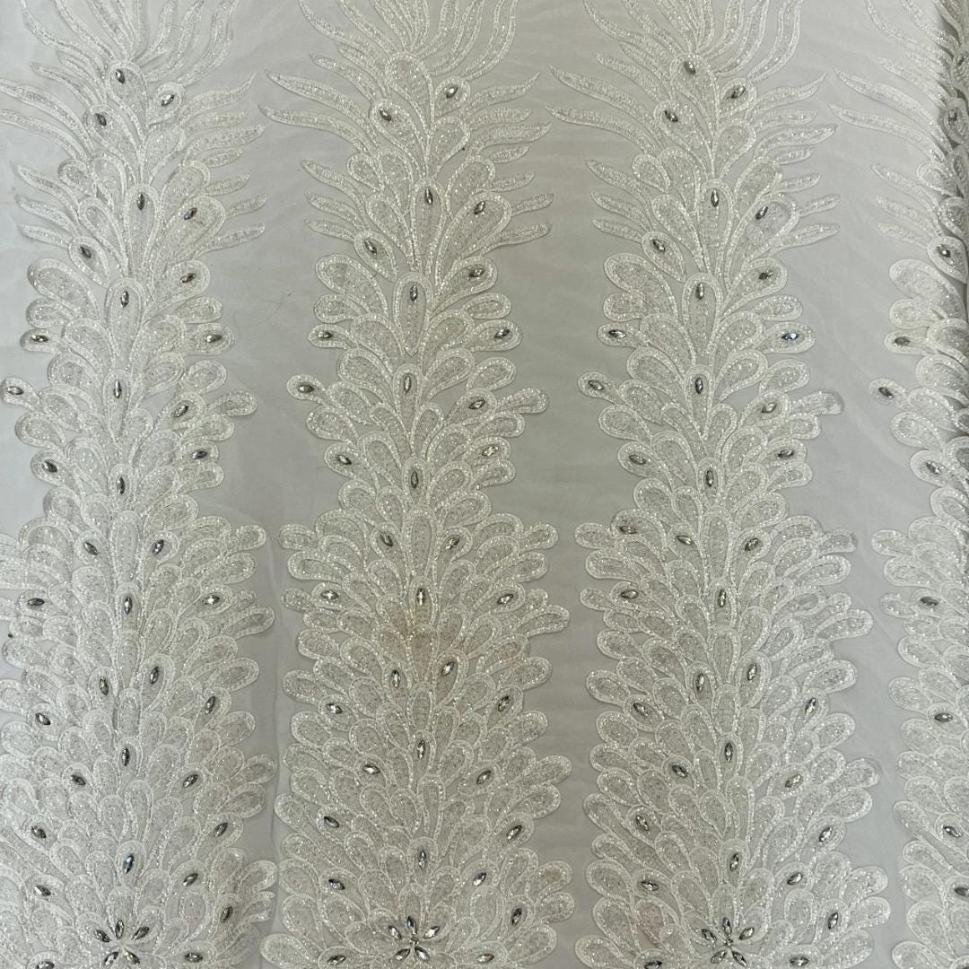 Luxurious Feather Designs Lace - White - Beaded & Embroidered Sequins and Beads On Mesh Lace Fabric for Prom Dress. Sold By 3 Feathers