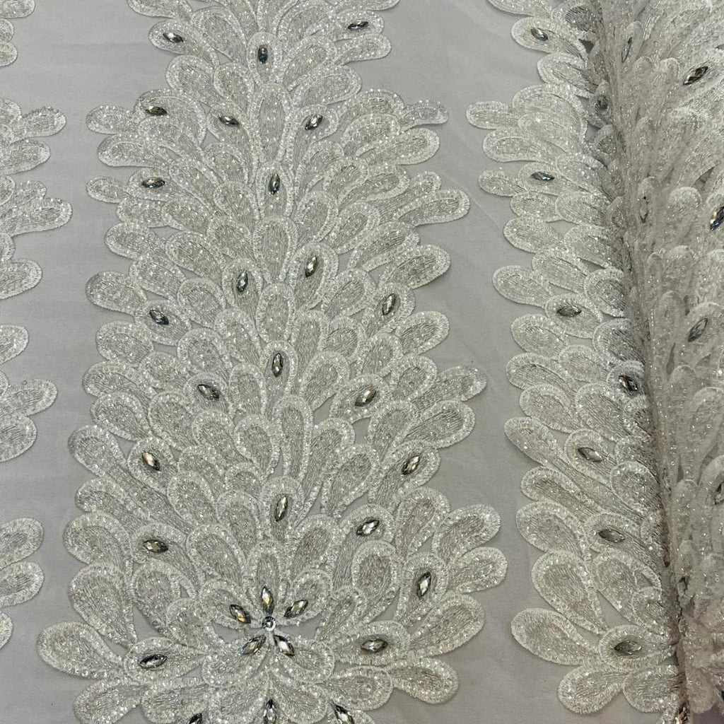 Luxurious Feather Designs Lace - White - Beaded & Embroidered Sequins and Beads On Mesh Lace Fabric for Prom Dress. Sold By 3 Feathers