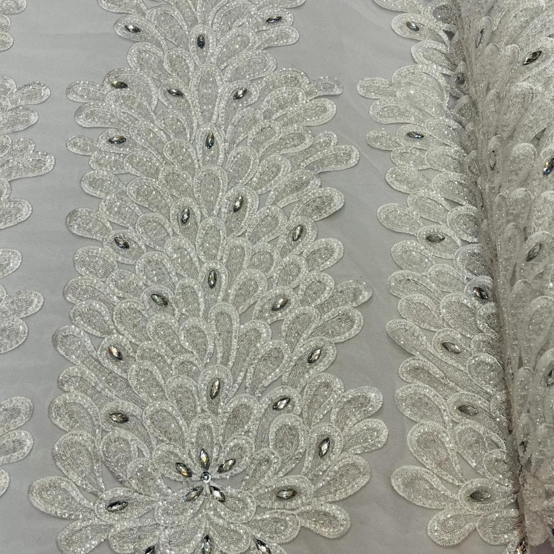Luxurious Feather Designs Lace - White - Beaded & Embroidered Sequins and Beads On Mesh Lace Fabric for Prom Dress. Sold By 3 Feathers
