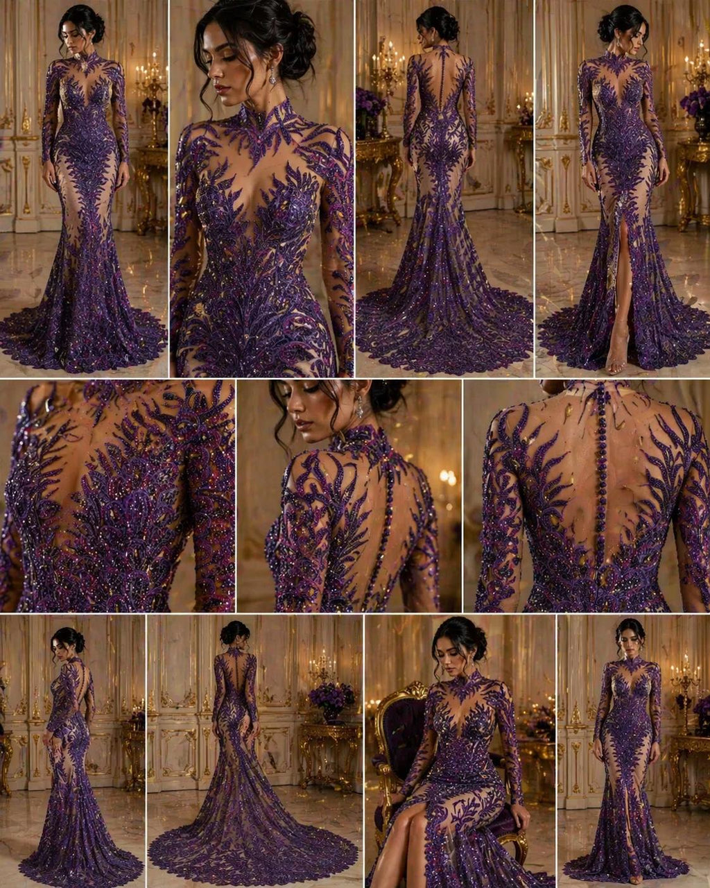 Luxurious Feather Designs Lace - Purple - Beaded & Embroidered Sequins and Beads On Mesh Lace Fabric for Prom Dress. Sold By 3 Feathers