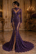 Luxurious Feather Designs Lace - Purple - Beaded & Embroidered Sequins and Beads On Mesh Lace Fabric for Prom Dress. Sold By 3 Feathers