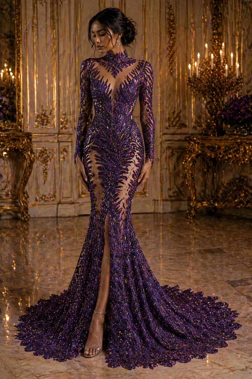 Luxurious Feather Designs Lace - Purple - Beaded & Embroidered Sequins and Beads On Mesh Lace Fabric for Prom Dress. Sold By 3 Feathers