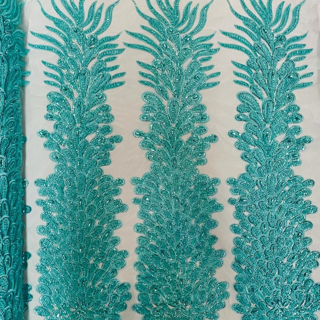 Luxurious Feather Designs Lace - AquaMint - Beaded & Embroidered Sequins and Beads On Mesh Lace Fabric for Prom Dress. Sold By 3 Feathers