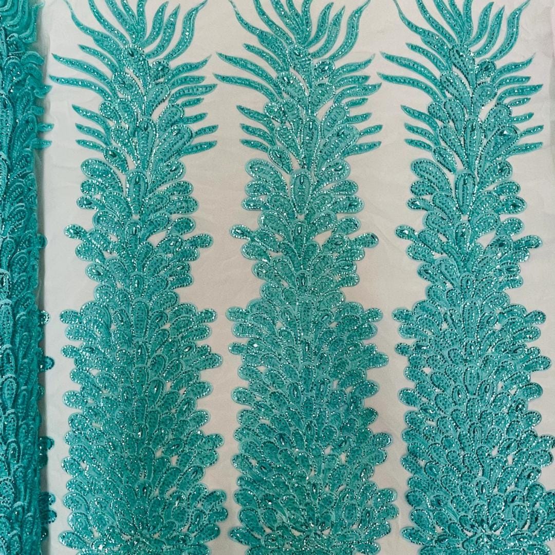 Luxurious Feather Designs Lace - AquaMint - Beaded & Embroidered Sequins and Beads On Mesh Lace Fabric for Prom Dress. Sold By 3 Feathers