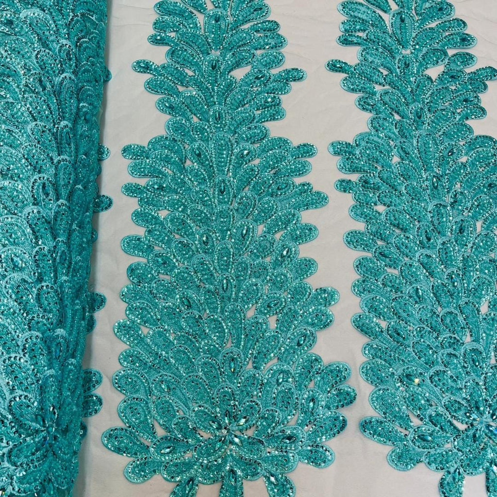 Luxurious Feather Designs Lace - AquaMint - Beaded & Embroidered Sequins and Beads On Mesh Lace Fabric for Prom Dress. Sold By 3 Feathers