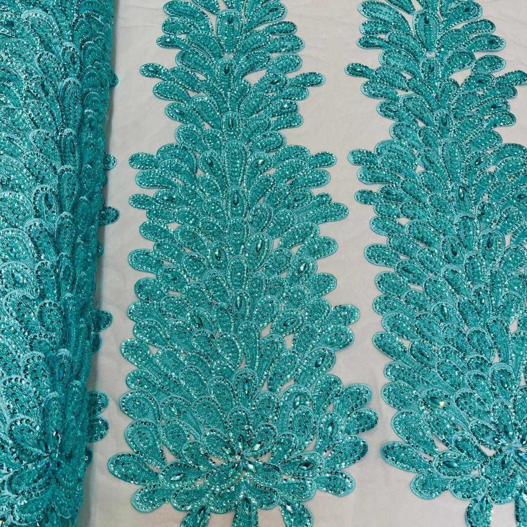 Luxurious Feather Designs Lace - AquaMint - Beaded & Embroidered Sequins and Beads On Mesh Lace Fabric for Prom Dress. Sold By 3 Feathers