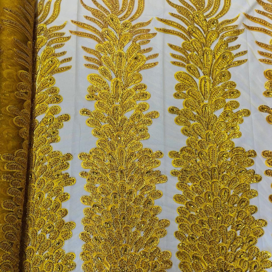 Luxurious Feather Designs Lace - Yellow - Beaded & Embroidered Sequins and Beads On Mesh Lace Fabric for Prom Dress. Sold By 3 Feathers