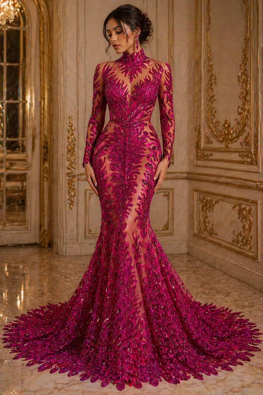 Luxurious Feather Designs Lace - Fuchsia - Beaded & Embroidered Sequins and Beads On Mesh Lace Fabric for Prom Dress. Sold By 3 Feathers