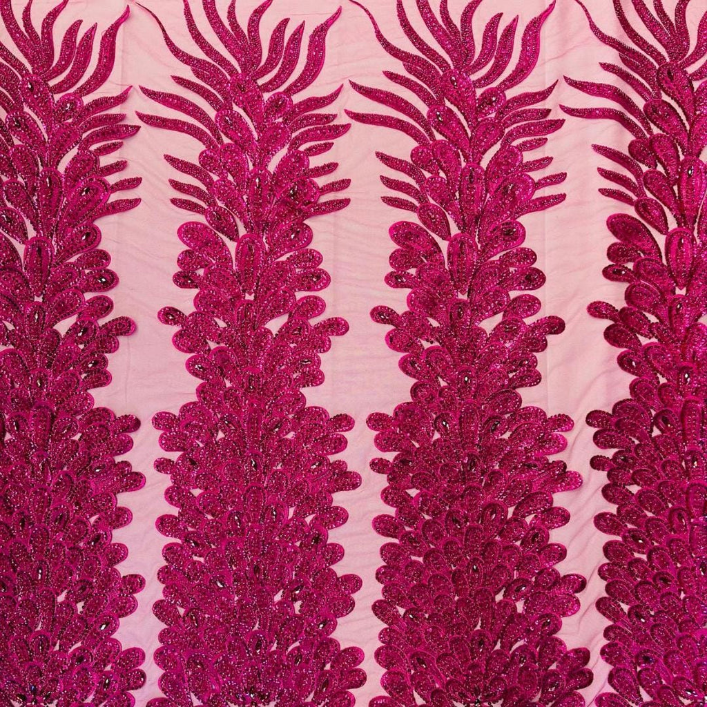 Luxurious Feather Designs Lace - Fuchsia - Beaded & Embroidered Sequins and Beads On Mesh Lace Fabric for Prom Dress. Sold By 3 Feathers