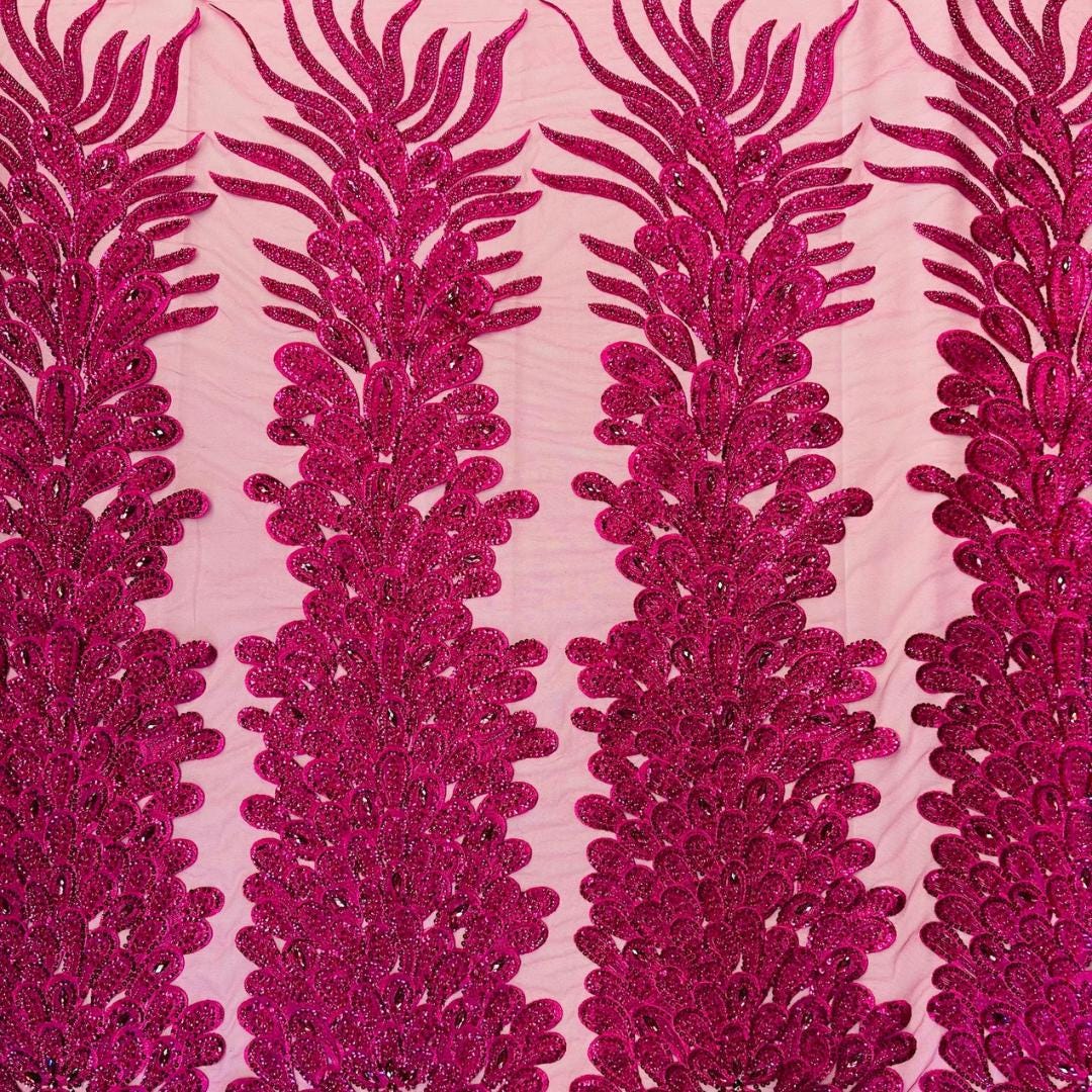 Luxurious Feather Designs Lace - Fuchsia - Beaded & Embroidered Sequins and Beads On Mesh Lace Fabric for Prom Dress. Sold By 3 Feathers