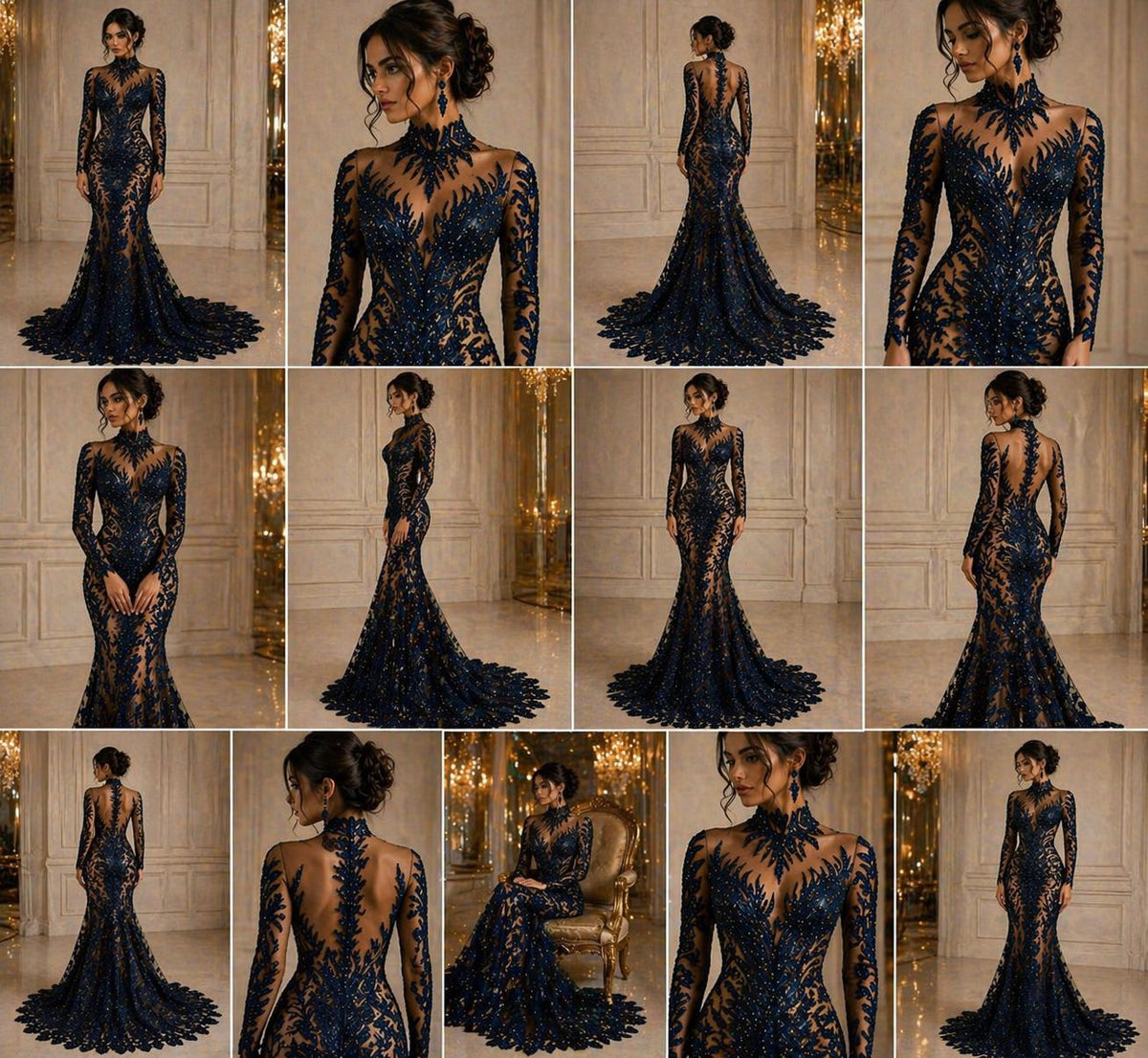 Luxurious Feather Designs Lace - Navy - Beaded & Embroidered Sequins and Beads On Mesh Lace Fabric for Prom Dress. Sold By 3 Feathers