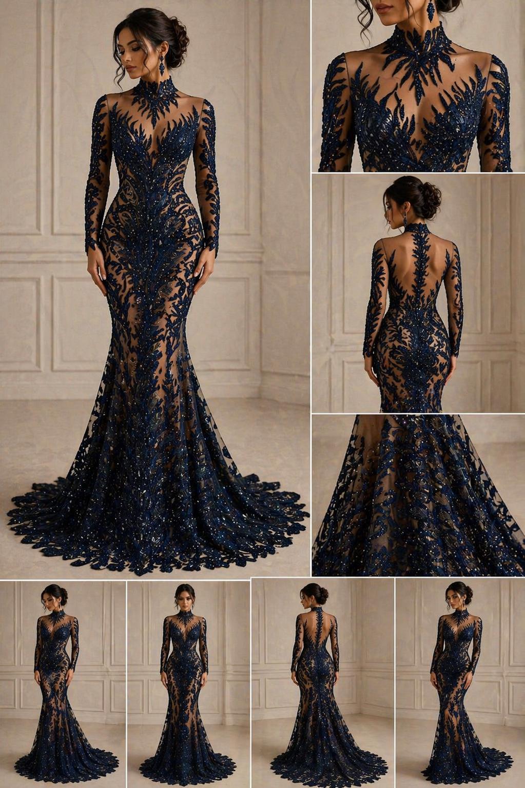 Luxurious Feather Designs Lace - Navy - Beaded & Embroidered Sequins and Beads On Mesh Lace Fabric for Prom Dress. Sold By 3 Feathers