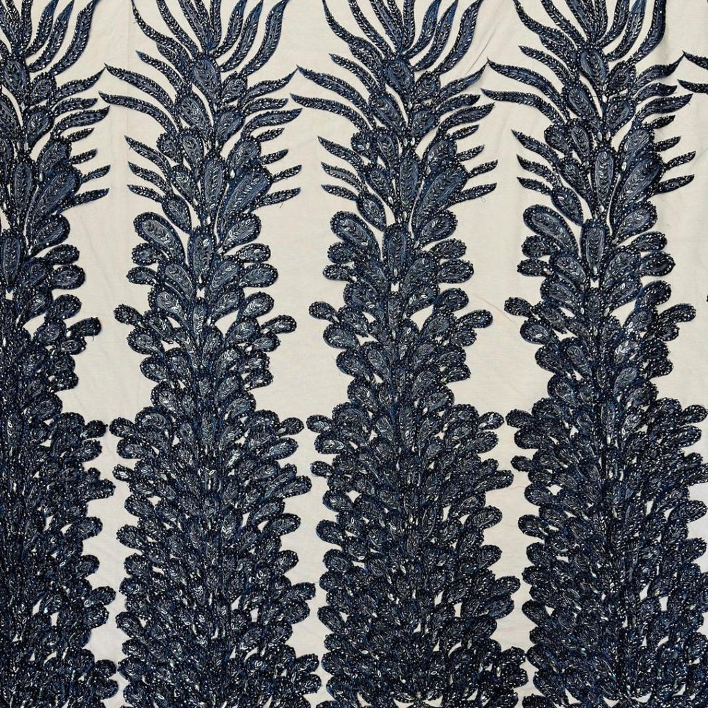 Luxurious Feather Designs Lace - Navy - Beaded & Embroidered Sequins and Beads On Mesh Lace Fabric for Prom Dress. Sold By 3 Feathers