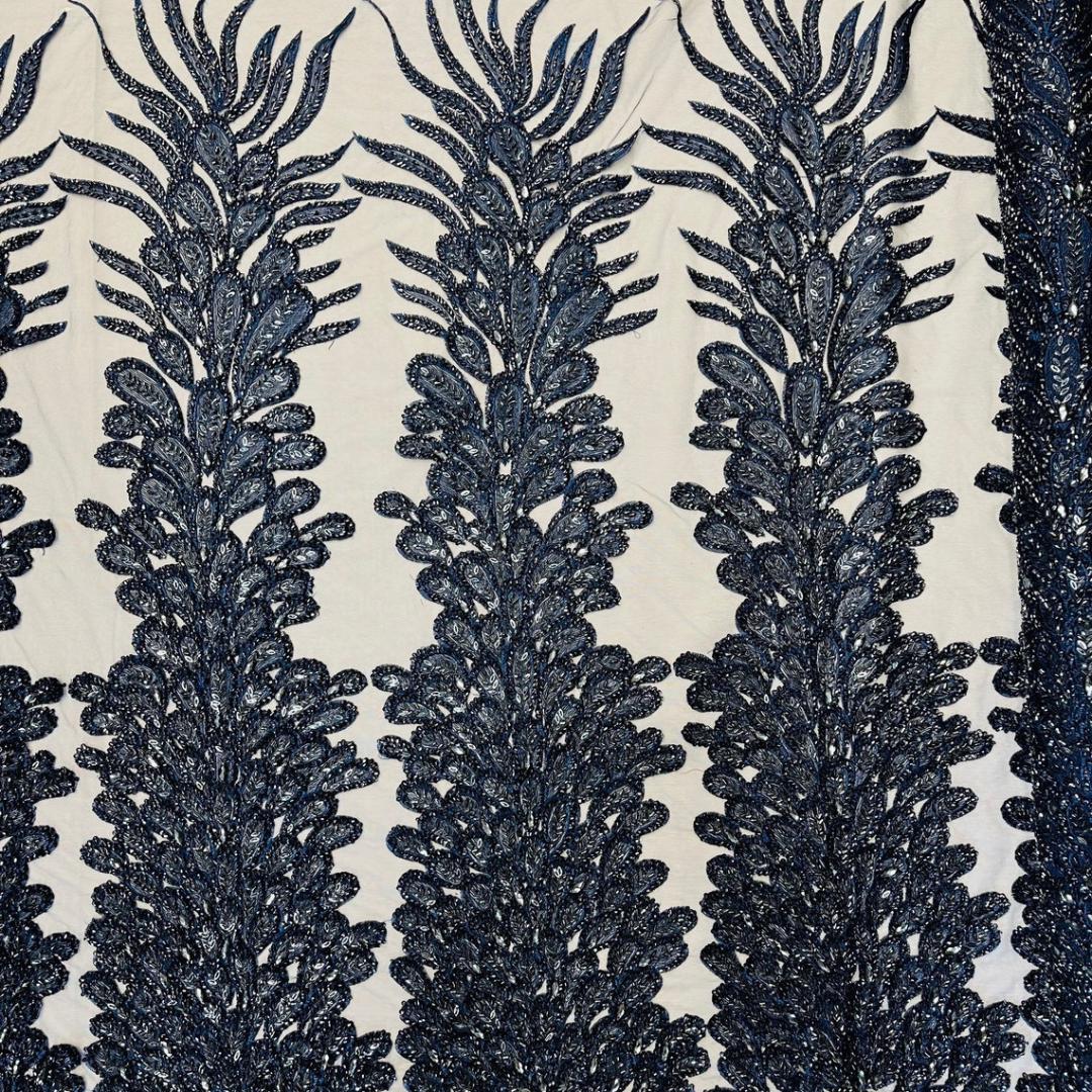 Luxurious Feather Designs Lace - Navy - Beaded & Embroidered Sequins and Beads On Mesh Lace Fabric for Prom Dress. Sold By 3 Feathers