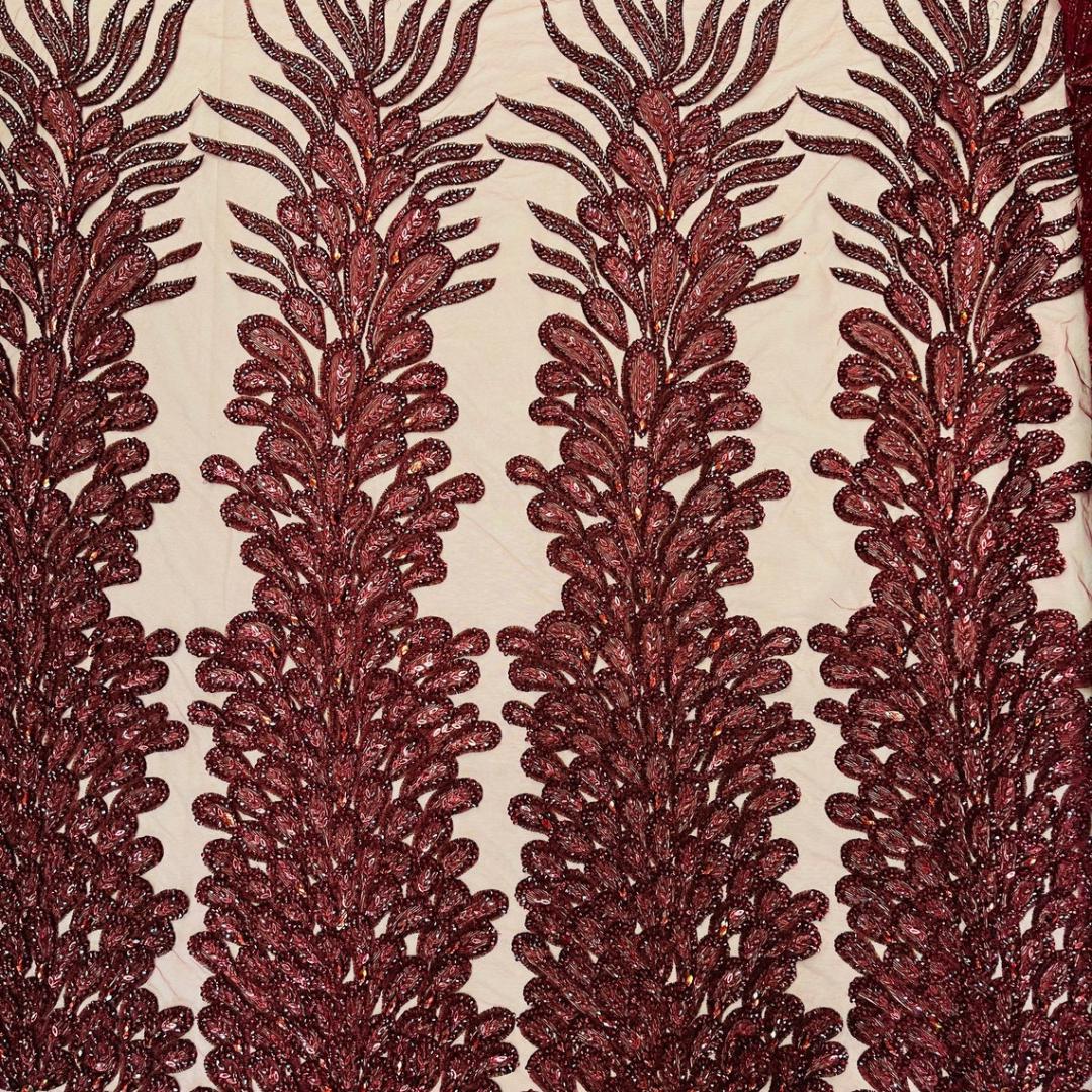 Luxurious Feather Designs Lace - Burgundy - Beaded & Embroidered Sequins and Beads On Mesh Lace Fabric for Prom Dress. Sold By 3 Feathers