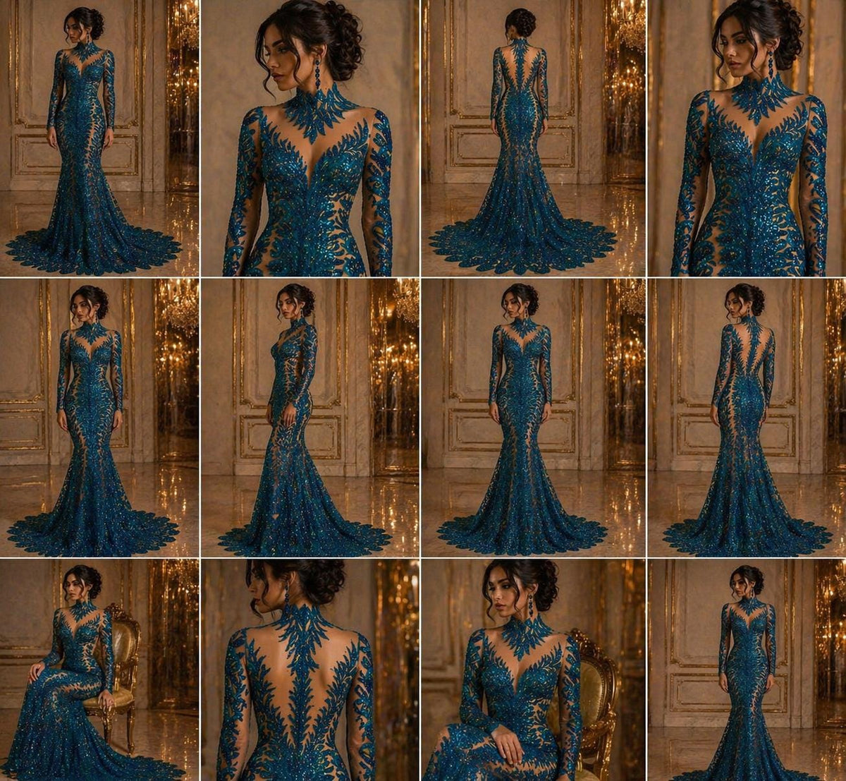 Luxurious Feather Designs Lace - Turquoise - Beaded & Embroidered Sequins and Beads On Mesh Lace Fabric for Prom Dress. Sold By 3 Feathers