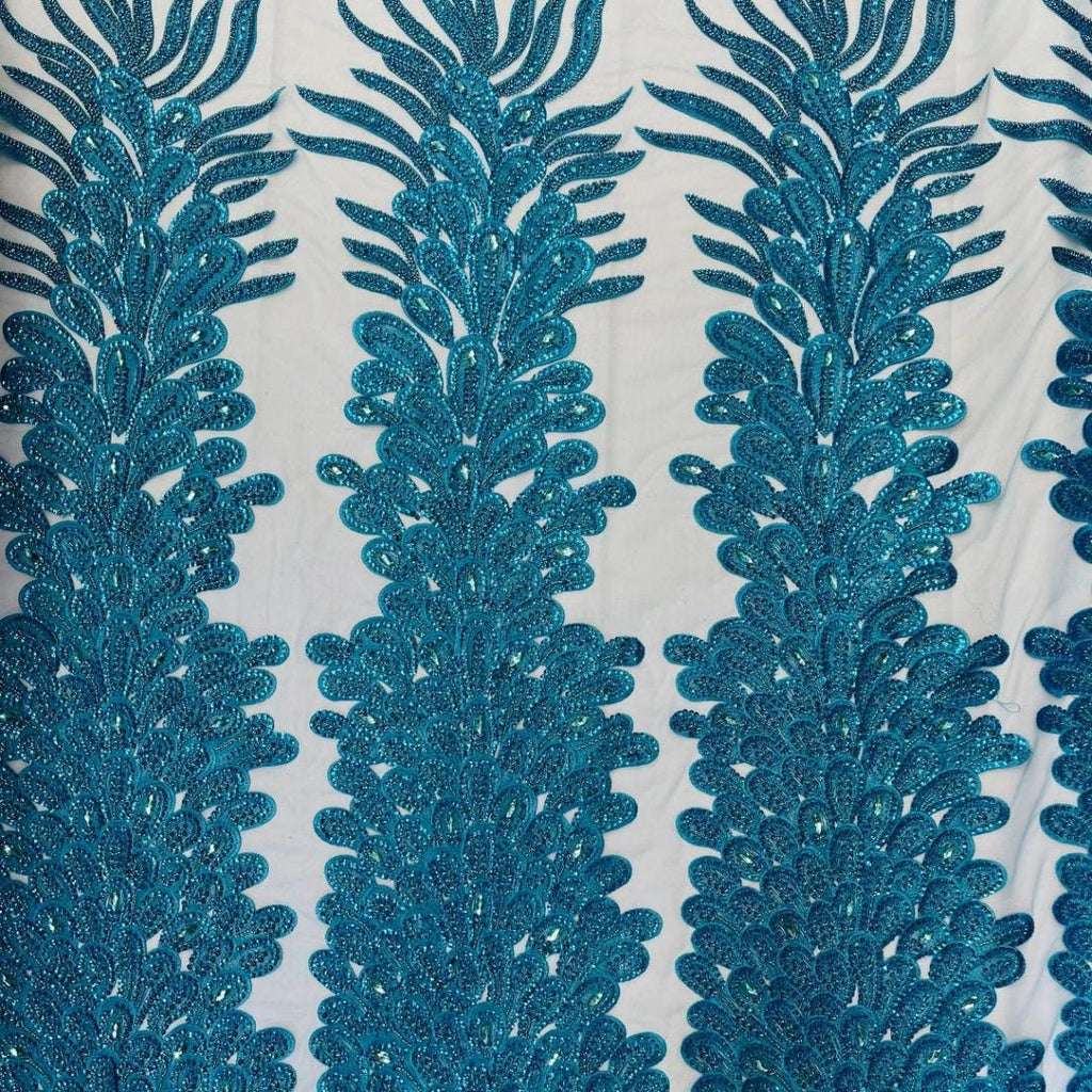 Luxurious Feather Designs Lace - Turquoise - Beaded & Embroidered Sequins and Beads On Mesh Lace Fabric for Prom Dress. Sold By 3 Feathers