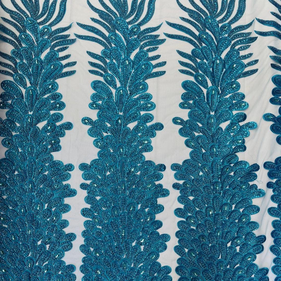 Luxurious Feather Designs Lace - Turquoise - Beaded & Embroidered Sequins and Beads On Mesh Lace Fabric for Prom Dress. Sold By 3 Feathers