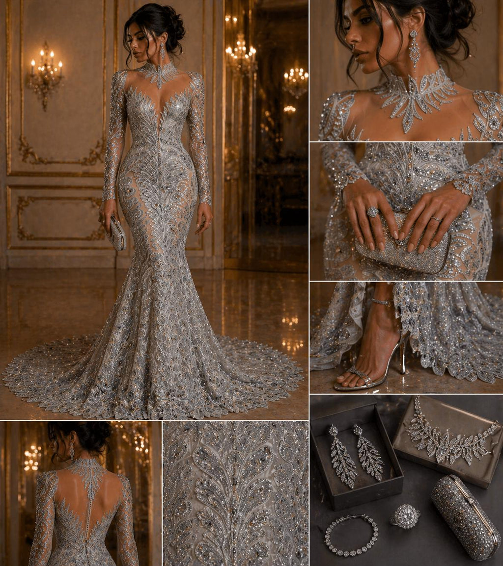 Luxurious Feather Designs Lace - Silver - Beaded & Embroidered Sequins and Beads On Mesh Lace Fabric for Prom Dress. Sold By 3 Feathers