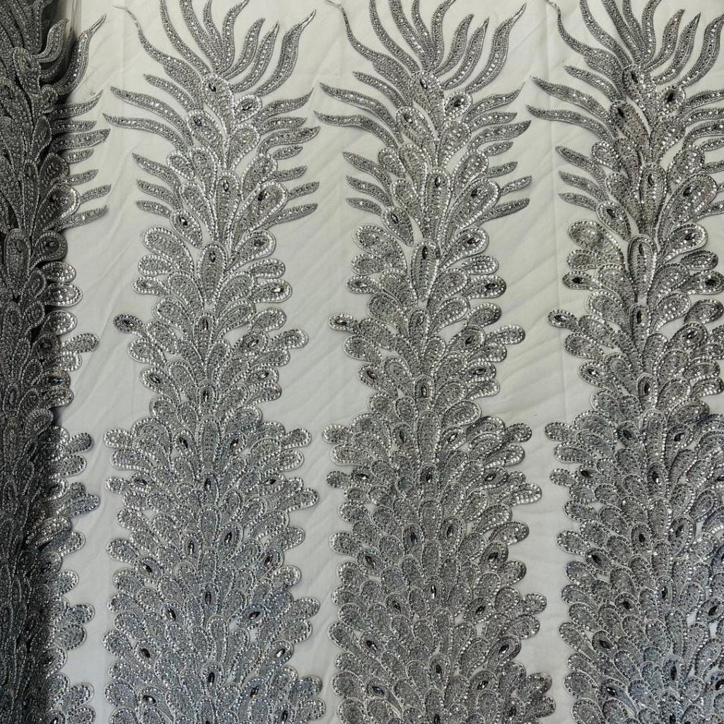 Luxurious Feather Designs Lace - Silver - Beaded & Embroidered Sequins and Beads On Mesh Lace Fabric for Prom Dress. Sold By 3 Feathers