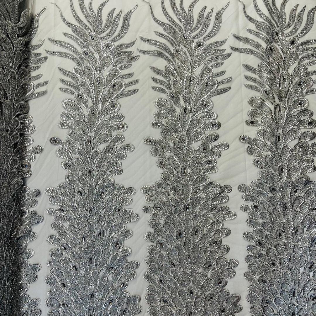 Luxurious Feather Designs Lace - Silver - Beaded & Embroidered Sequins and Beads On Mesh Lace Fabric for Prom Dress. Sold By 3 Feathers