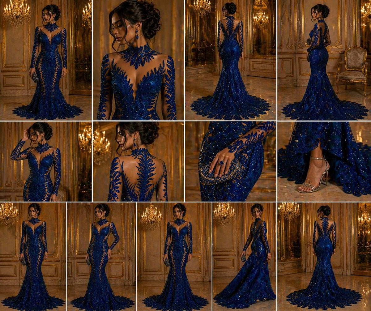 Luxurious Feather Designs Lace - Royal  - Beaded & Embroidered Sequins and Beads On Mesh Lace Fabric for Prom Dress. Sold By 3 Feathers