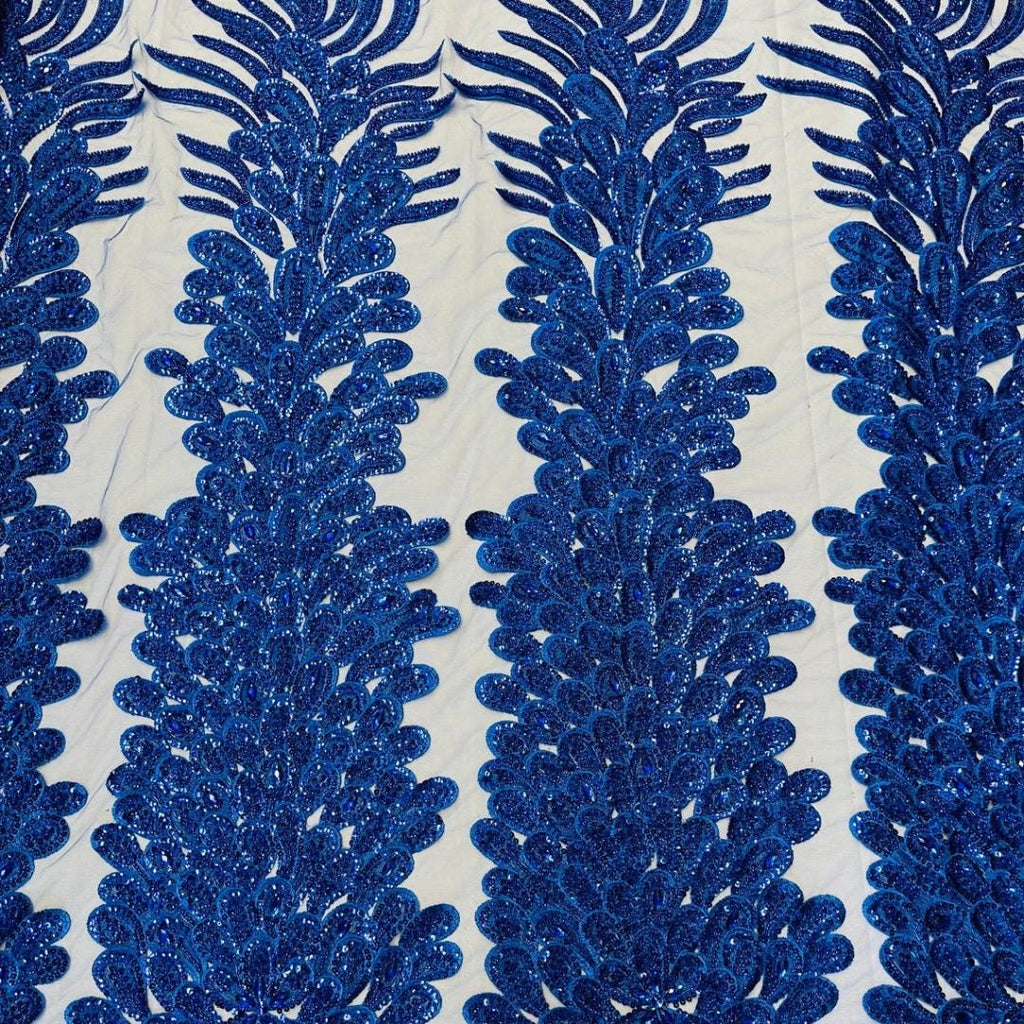 Luxurious Feather Designs Lace - Royal  - Beaded & Embroidered Sequins and Beads On Mesh Lace Fabric for Prom Dress. Sold By 3 Feathers